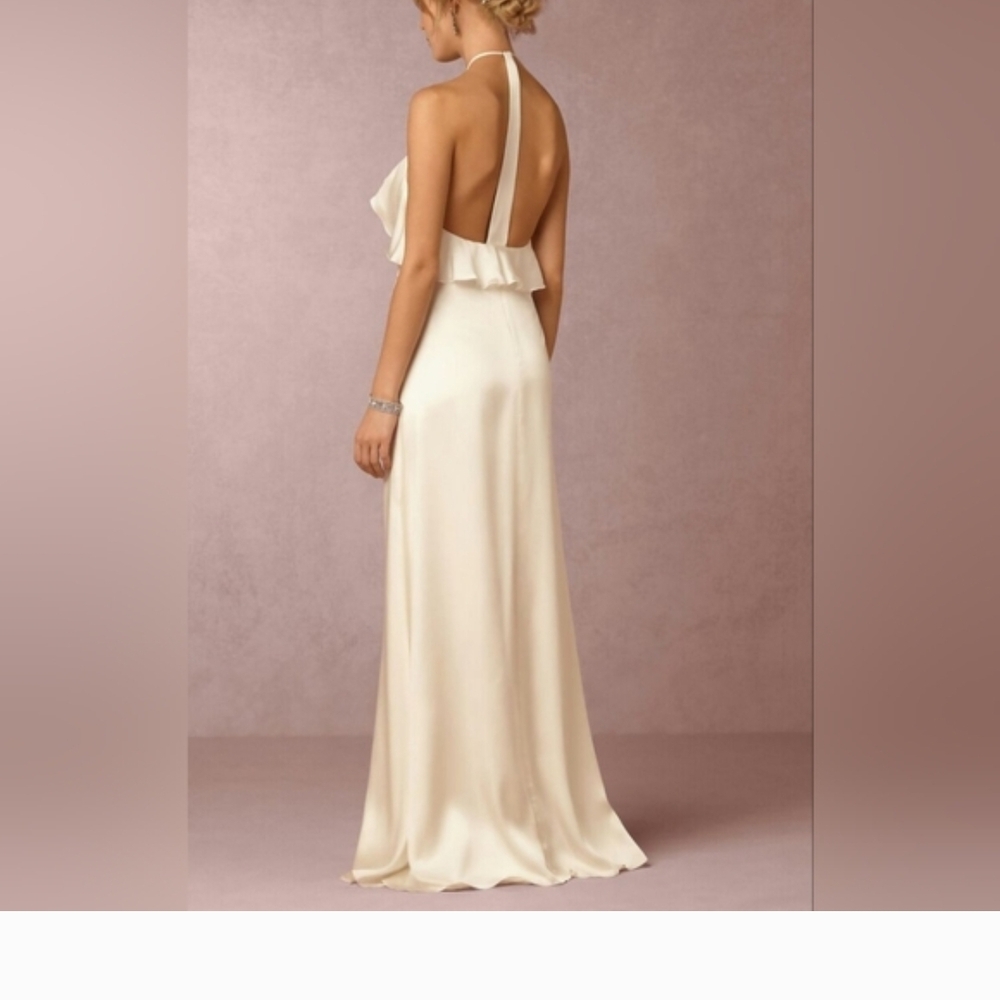 Jill Stuart Ruffle Halter Gown, ivory, 6 Satin bridesmaid, prom long high slit